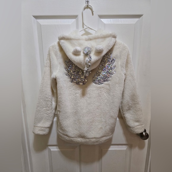 Cat & Jax White Faux Fur Fleece Coat with Sequin Wings and Unicorn Hood - Picture 3 of 5